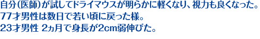 自分（医師）が試してドライマウスが明らかに軽くなり、視力も良くなった。 77才男性は数日で若い頃に戻った様。 23才男性 2ヵ月で身長が2cm弱伸びた。